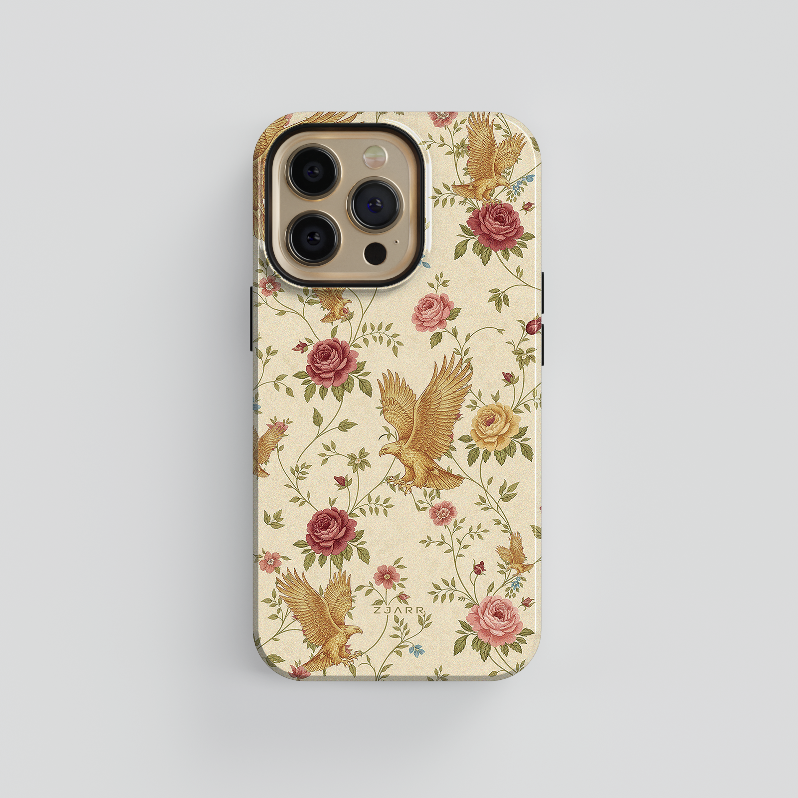 Phone case with floral and eagle design on a light gray background