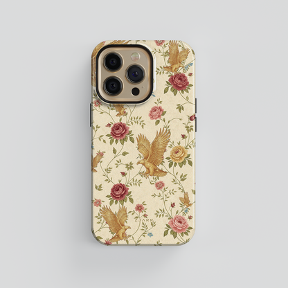 Phone case with floral and eagle design on a light gray background