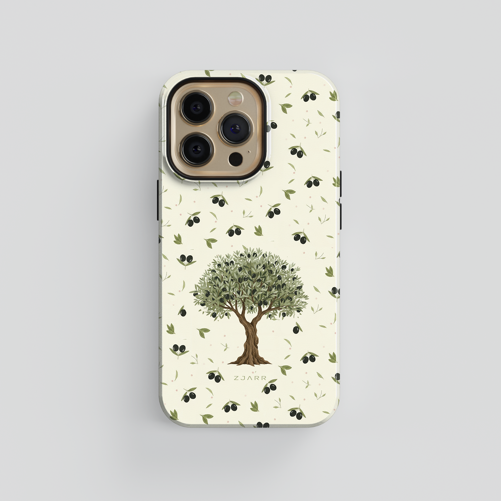 Phone case with olive tree design on a light background