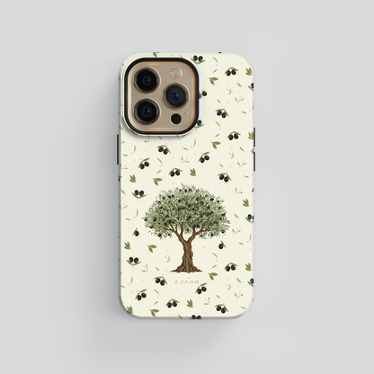 Phone case with olive tree design on a light background